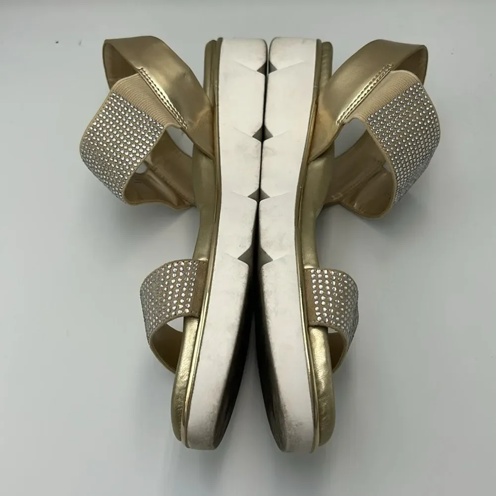 Unisa Rhinestone Embellished Gold Metallic Sling Back Comfort Sandals 9.5